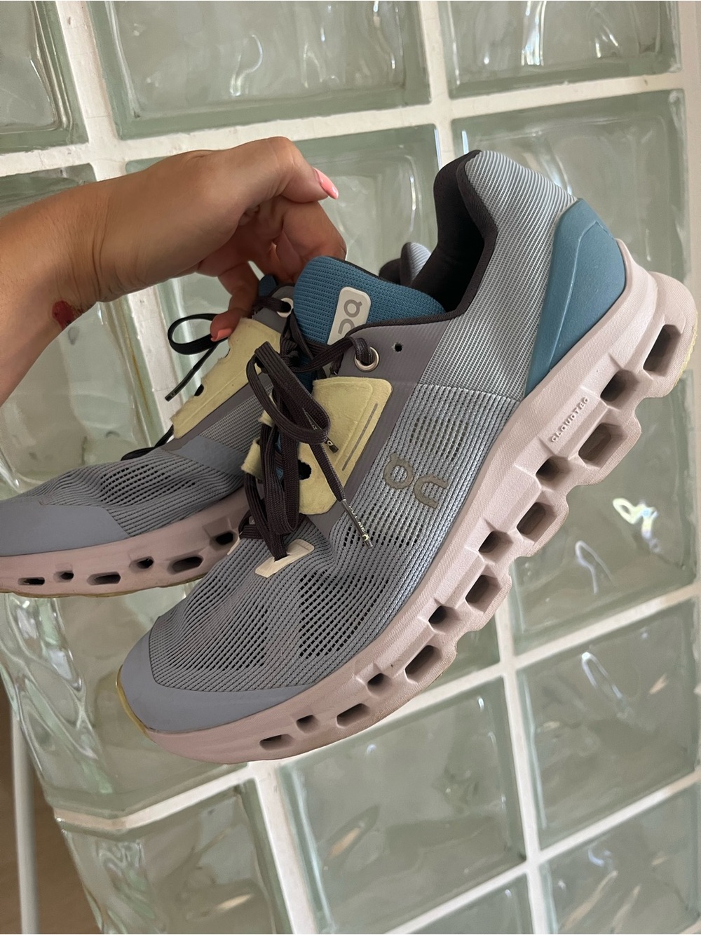 On Cloud Women's Cloudtech Sneakers in Light Gray, Blue, Yellow Accents